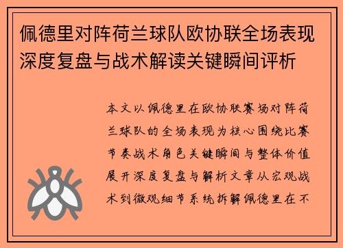 佩德里对阵荷兰球队欧协联全场表现深度复盘与战术解读关键瞬间评析