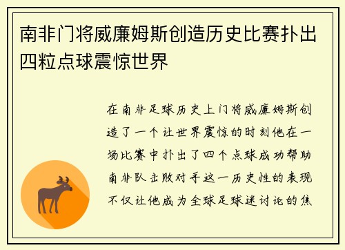 南非门将威廉姆斯创造历史比赛扑出四粒点球震惊世界